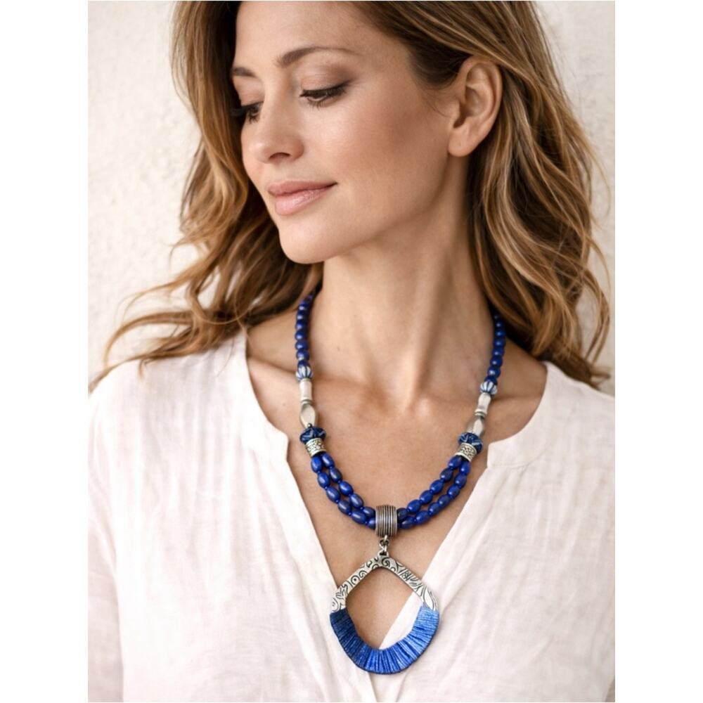 Coldwater Creek Blue Beaded Pendant Necklace Silver Tone Statement Boho Elegant